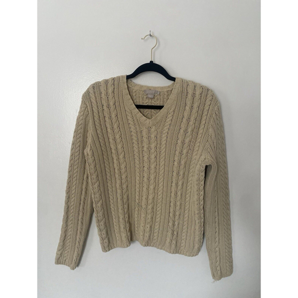 J.Crew 100% Cotton Tan Chunky Cable Knit Sweater Women’s Size Medium V Neck - Picture 1 of 3